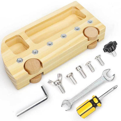 Bright wooden bus toy with various screws and tools for toddlers, educational activity toy