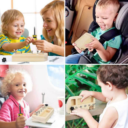 Preschool learning wooden screwdriver bus toy set for toddlers, building fine motor skills