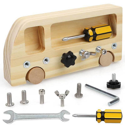 Full set of toddler wooden screwdriver bus toy, tools, and accessories for educational play