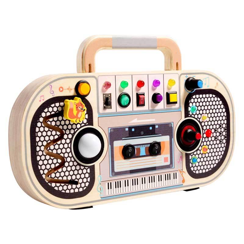 Toddler wooden sensory recorder toy for early learning, fine motor skill development on a busy board.