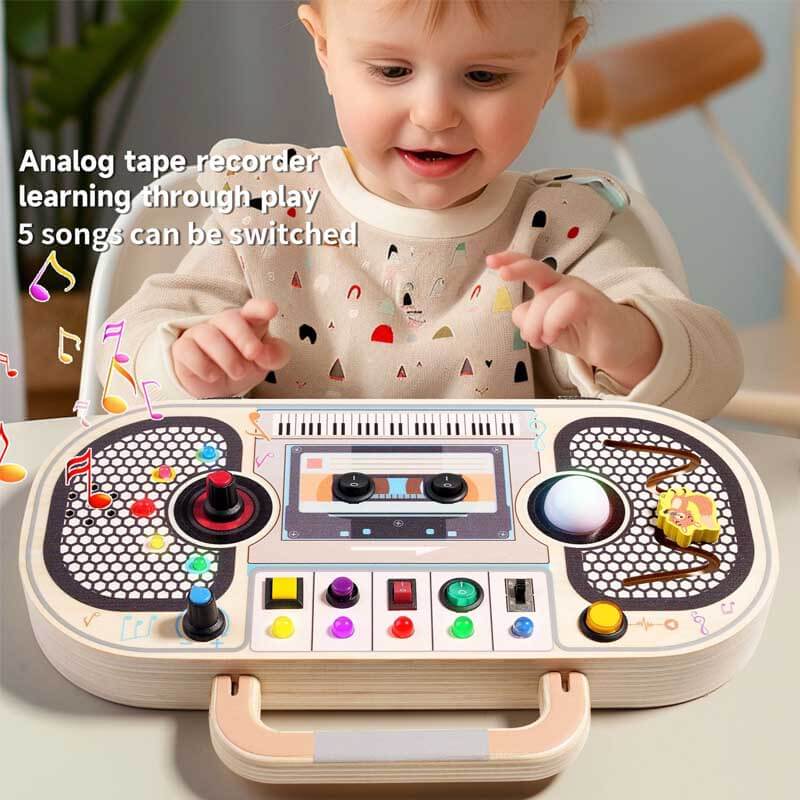Close-up of a wooden sensory recorder toy, perfect educational toddler toy for pre-school kids.