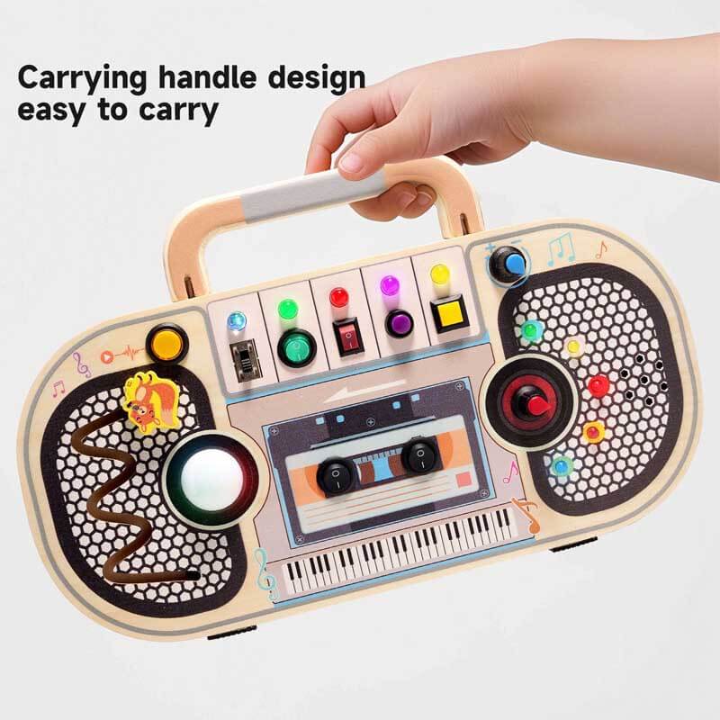 Child's hand playing with a natural wood recorder toy, enhancing sensory and fine motor skills.