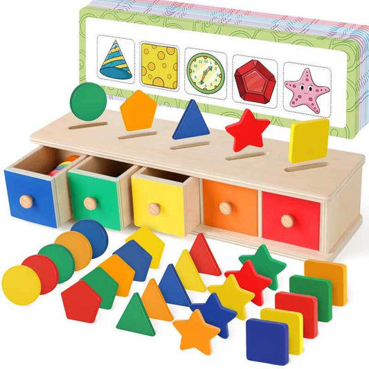 Toddler wooden shape sorting box with colorful geometric blocks for Montessori learning