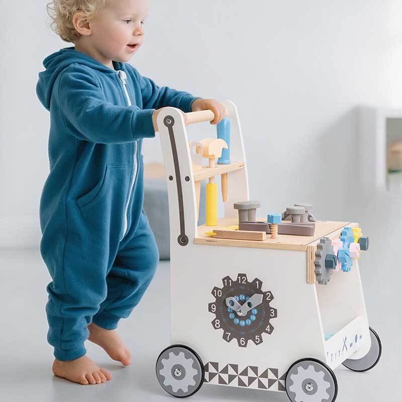 Kid-safe wooden push walker with built-in tool bench, perfect for toddlers' developmental play