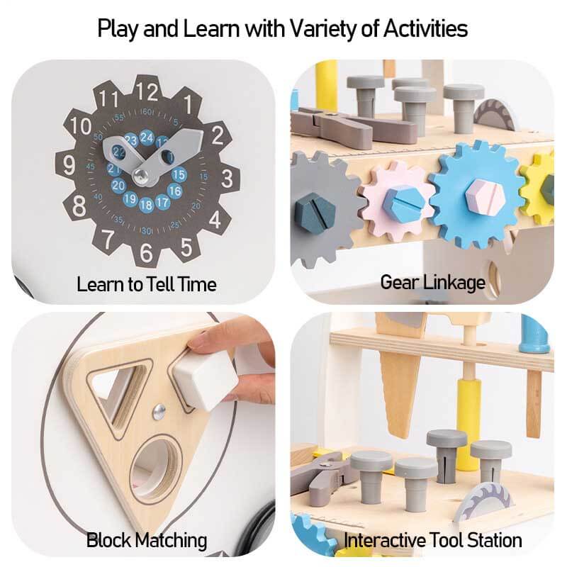 Montessori-inspired wooden tool bench activity walker, an educational toy for young children