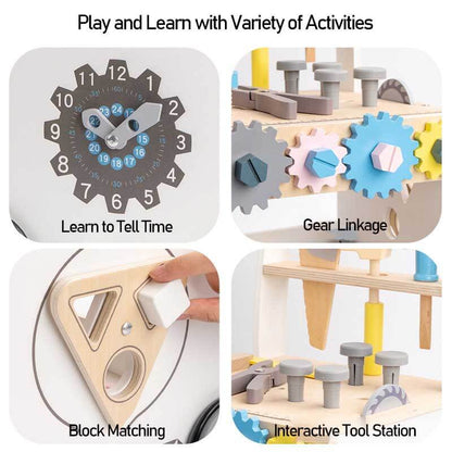 Montessori-inspired wooden tool bench activity walker, an educational toy for young children
