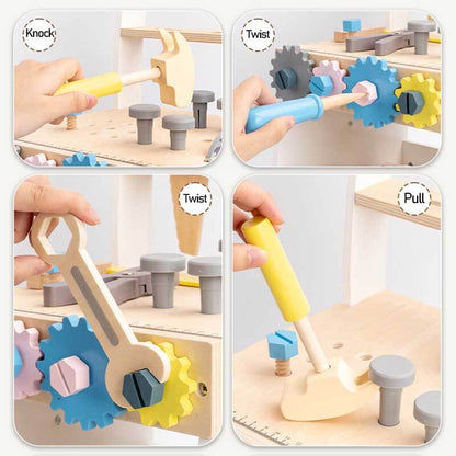 Durable toddler wooden push walker with integrated tool bench, promoting active and creative play