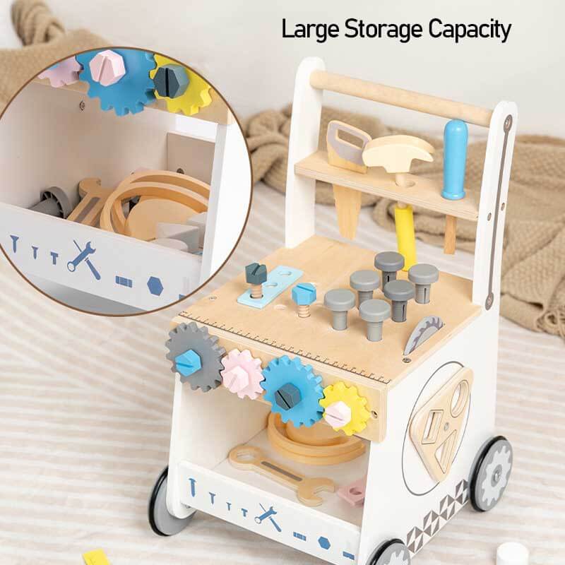 Educational wooden activity toy: Toddler push walker with tool bench for imaginative building