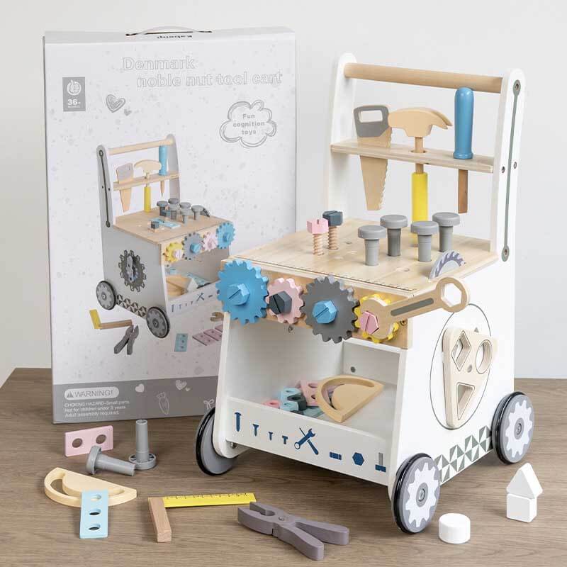 Developmental wooden tool bench push walker for toddlers, excellent for learning and motor skills