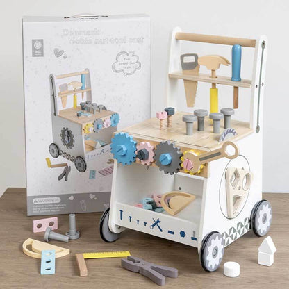 Developmental wooden tool bench push walker for toddlers, excellent for learning and motor skills