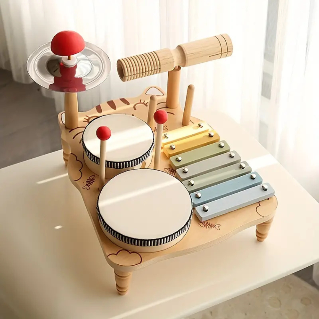 Toddler wooden xylophone drum set, a colorful educational musical toy for child development.
