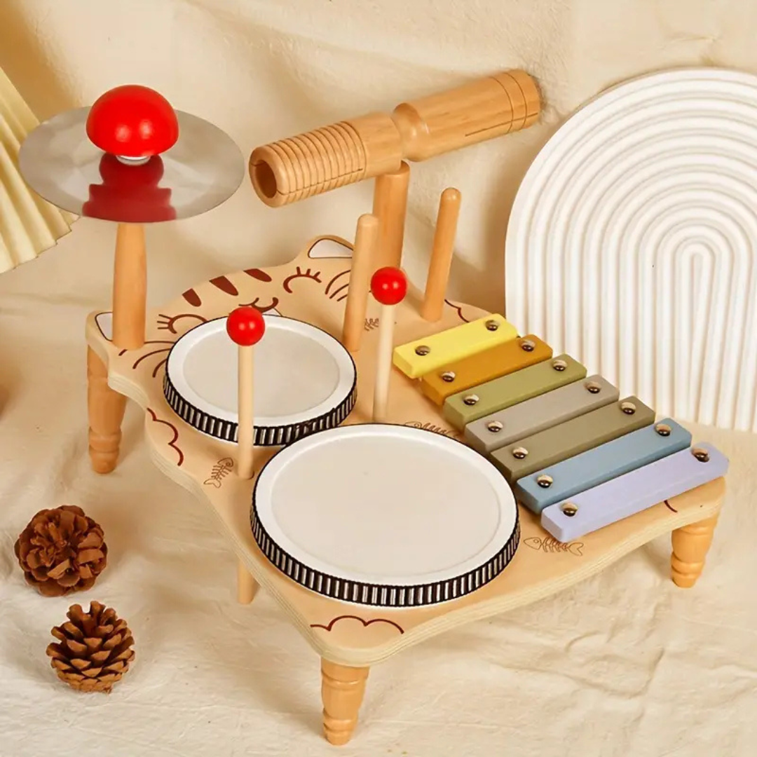 Montessori-inspired wooden percussion toy with xylophone and drum for toddlers, promoting learning.