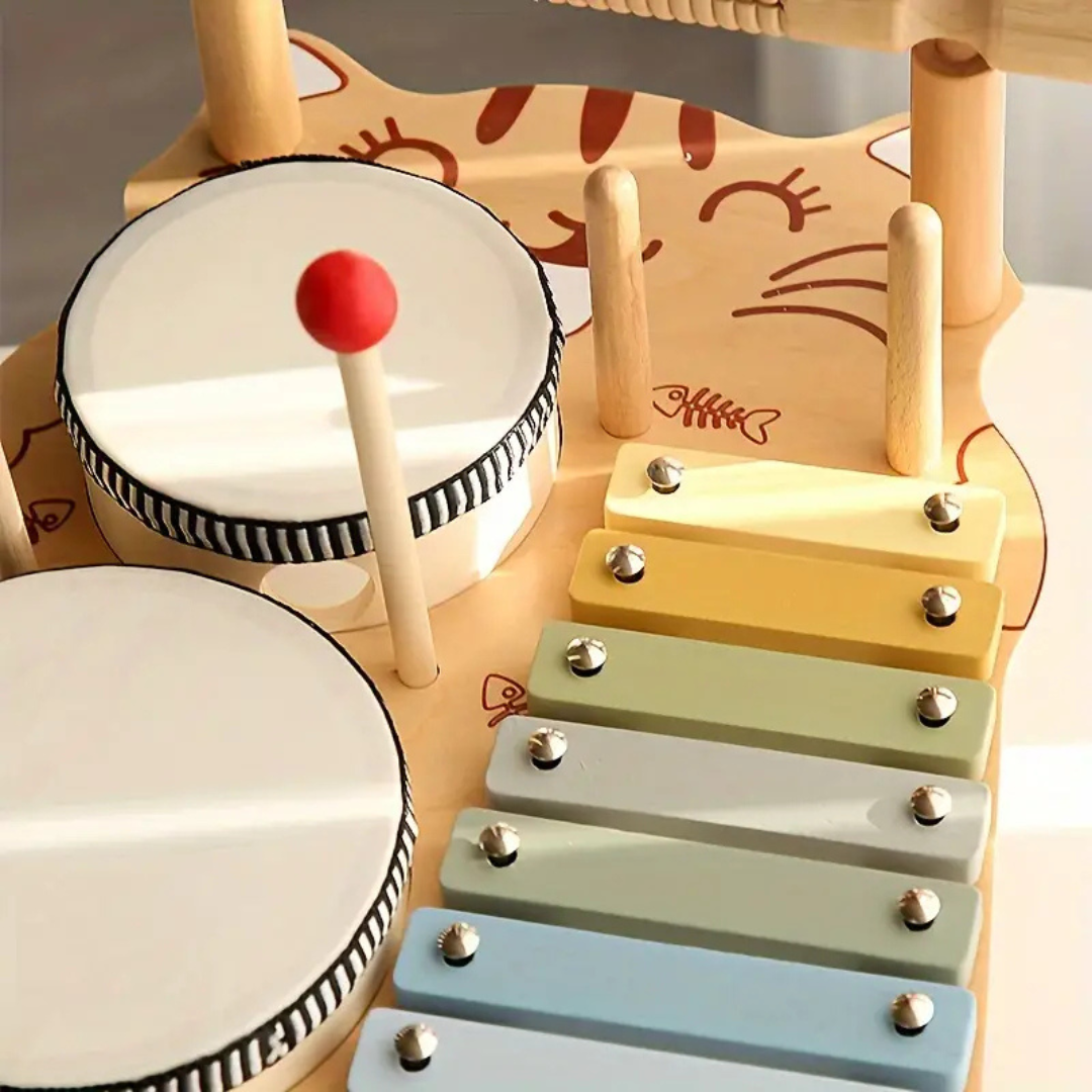 Educational wooden drum set and xylophone for toddlers, a durable musical toy for young children.