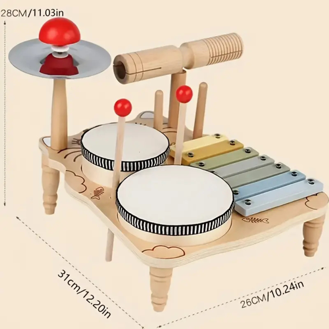Wooden toddler musical toy featuring a drum and xylophone, ideal for early childhood development.