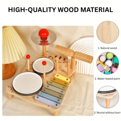 Complete toddler wooden xylophone drum set on a white background, ready for musical exploration.