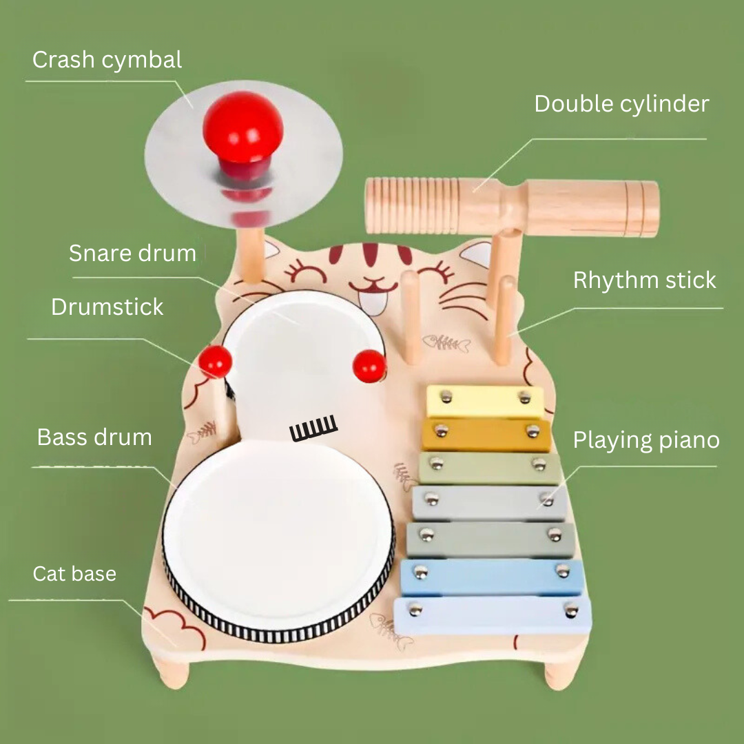 Side view of a toddler's wooden drum and xylophone musical toy, designed for educational play.