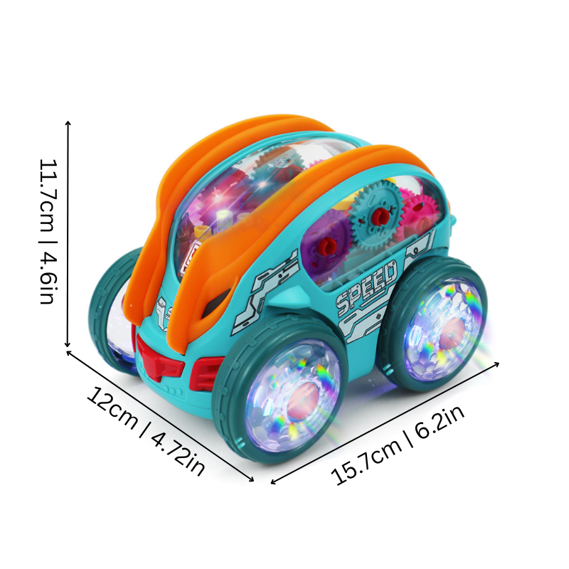Educational gear-powered toy car with colorful LED lights, designed for boys and girls to learn and play