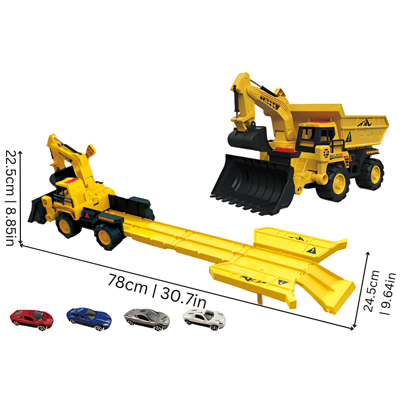 Kids' construction truck toy and racing game set for imaginative vehicle play.