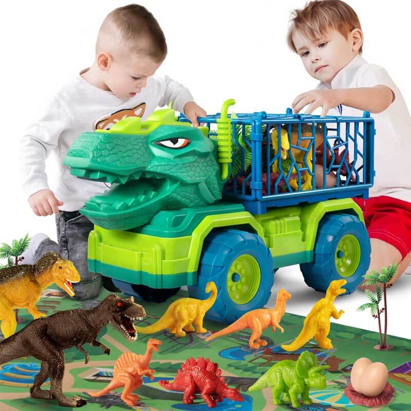 Toy dinosaur transport truck with 6 dino figures for kids 3-7, imaginative play