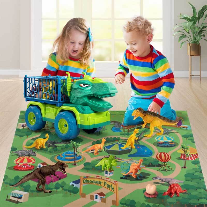 Kids' educational play set: large green dinosaur transport truck & assorted toy dinosaurs