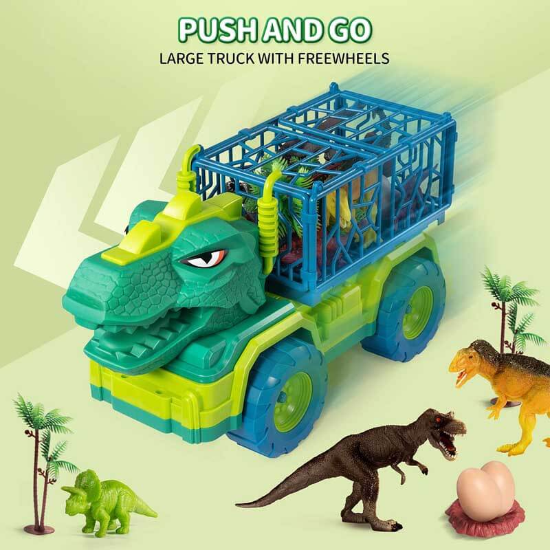 Toy car play set with a dinosaur transport truck and multiple removable dinosaur figures
