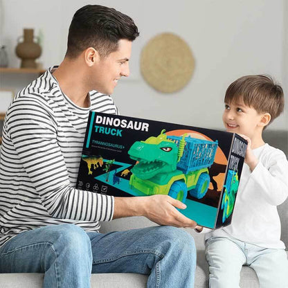 Colorful dinosaur transport truck toy with various dinosaur action figures for children