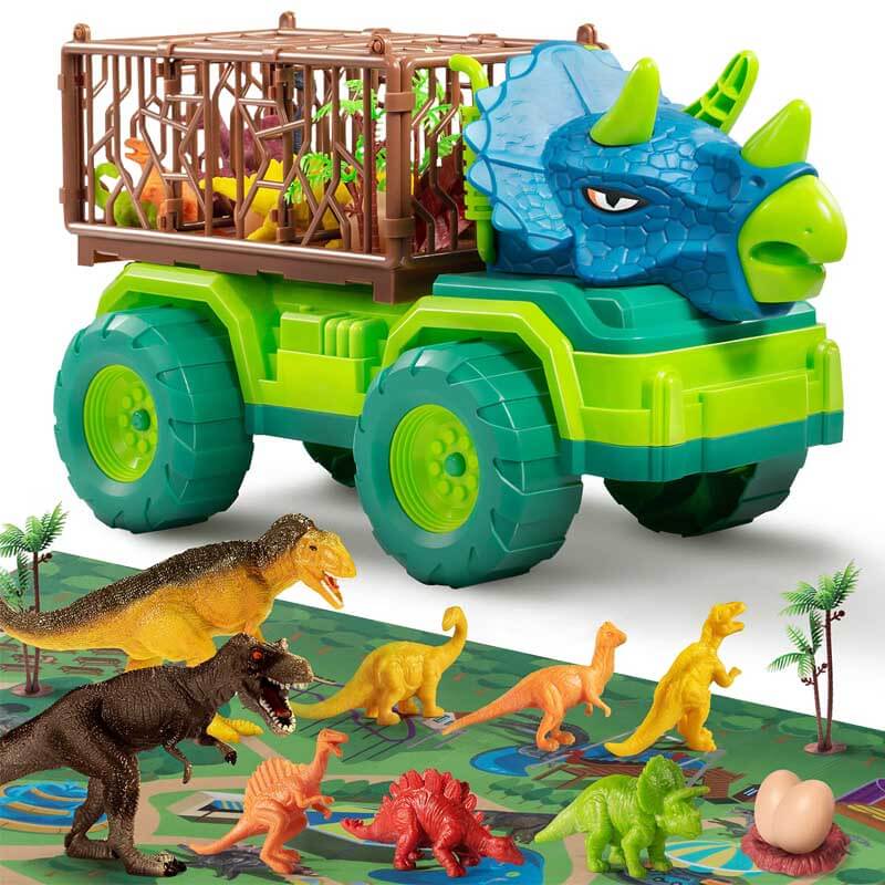 Durable toy dinosaur transporter truck & collection of small dinosaur figures for kids' fun