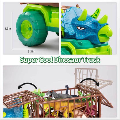 Interactive kids' toy: dinosaur transport truck with compartments for carrying toy dinosaurs