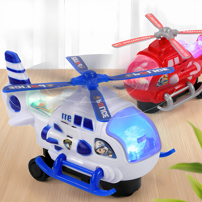 Toy helicopter with flashing LED lights and music for interactive kids' play, stimulating sensory development.