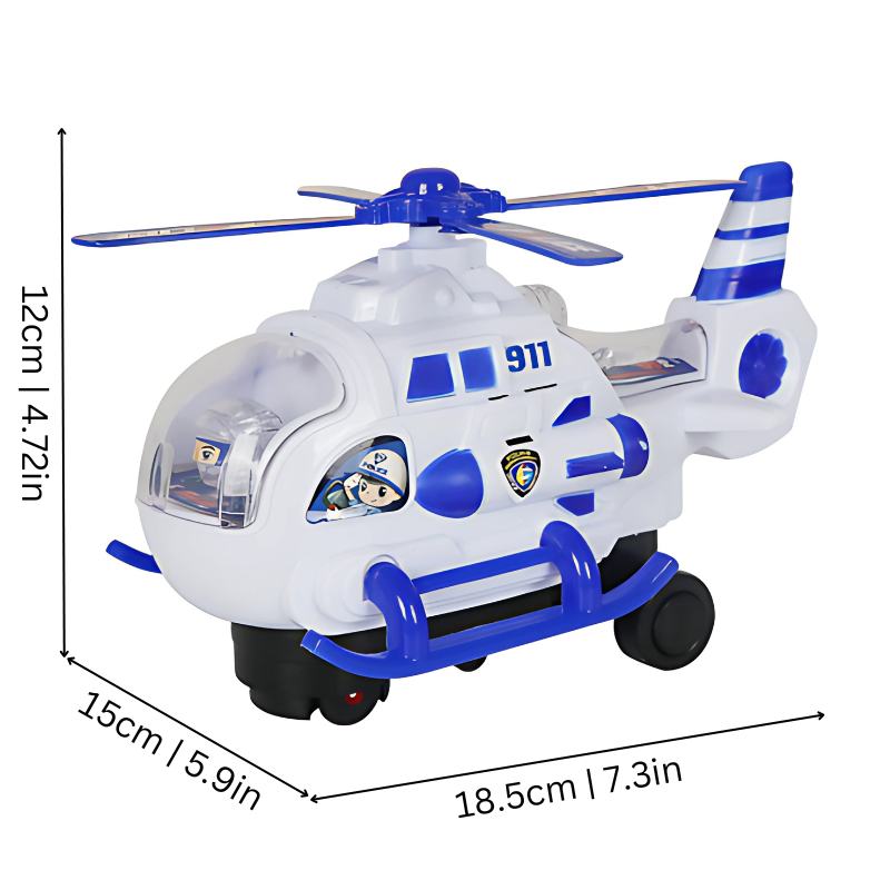 Kids' educational helicopter toy featuring vibrant flashing lights and musical sounds, perfect for imaginative play.