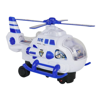 Interactive kids' helicopter toy, purple and yellow, with flashing lights and engaging music for endless fun.
