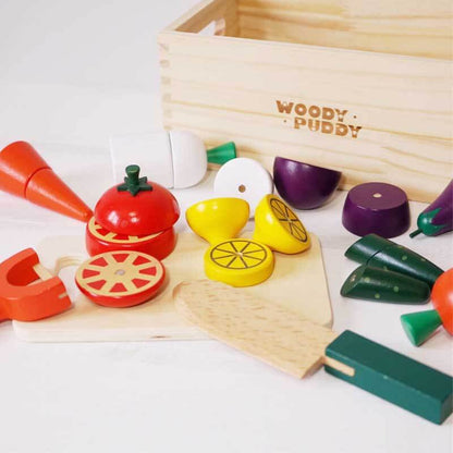 Toddler activities wooden fruit set, play food slices with Velcro connections