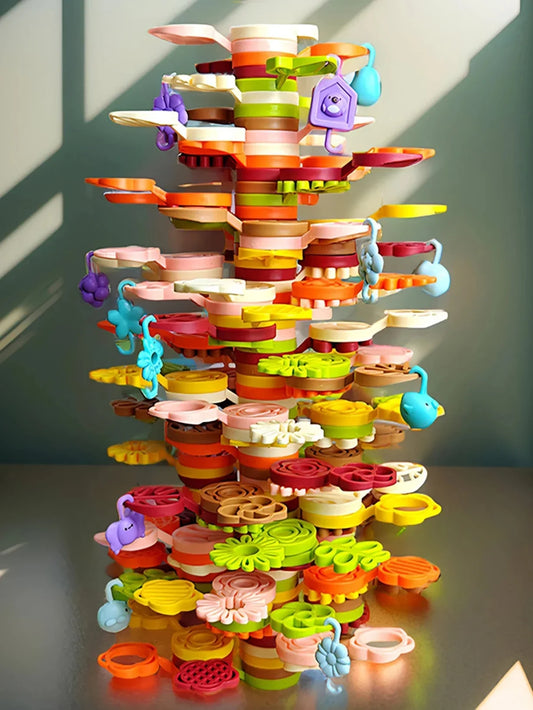 Toy tree with colorful rainbow stacking blocks on a white background, promoting STEM learning and balance skills.