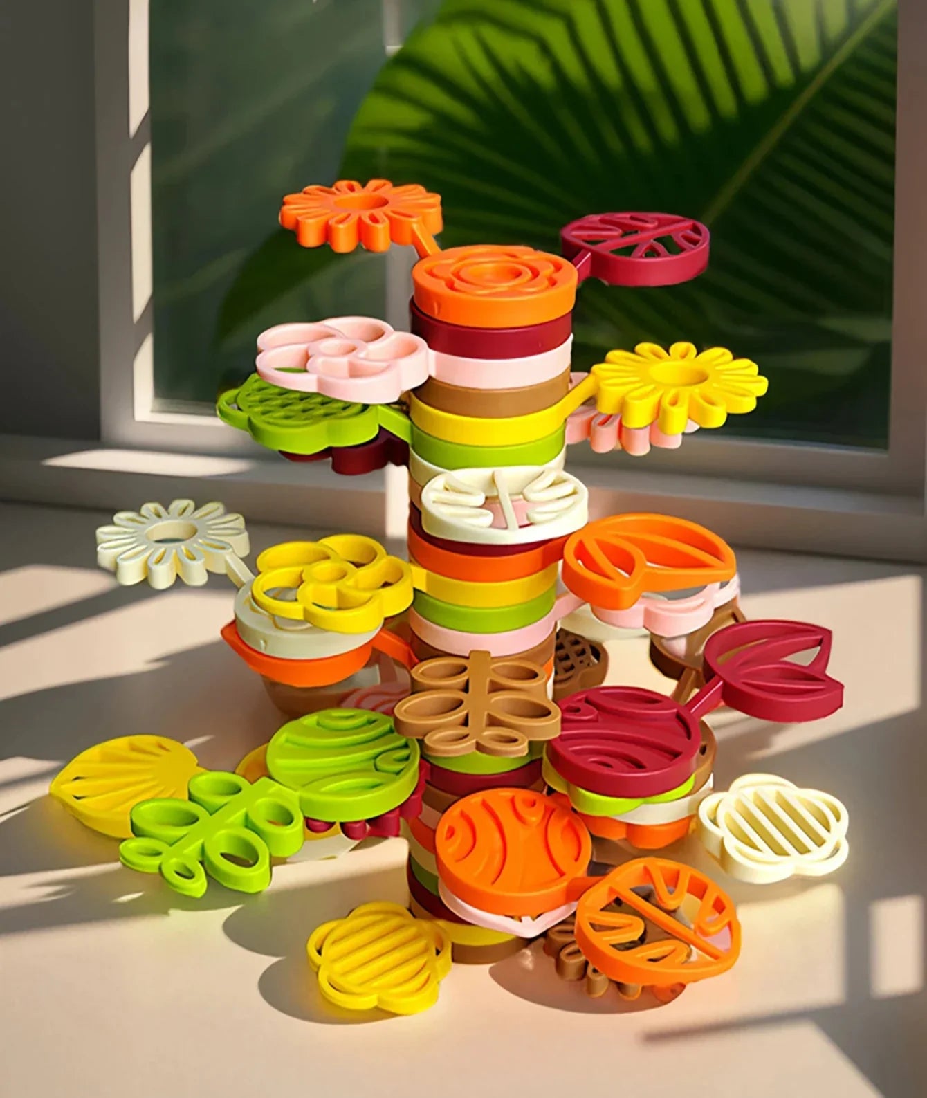 Child's hands stacking vibrant rainbow tree blocks, an educational STEM toy for creative play and motor skill development.