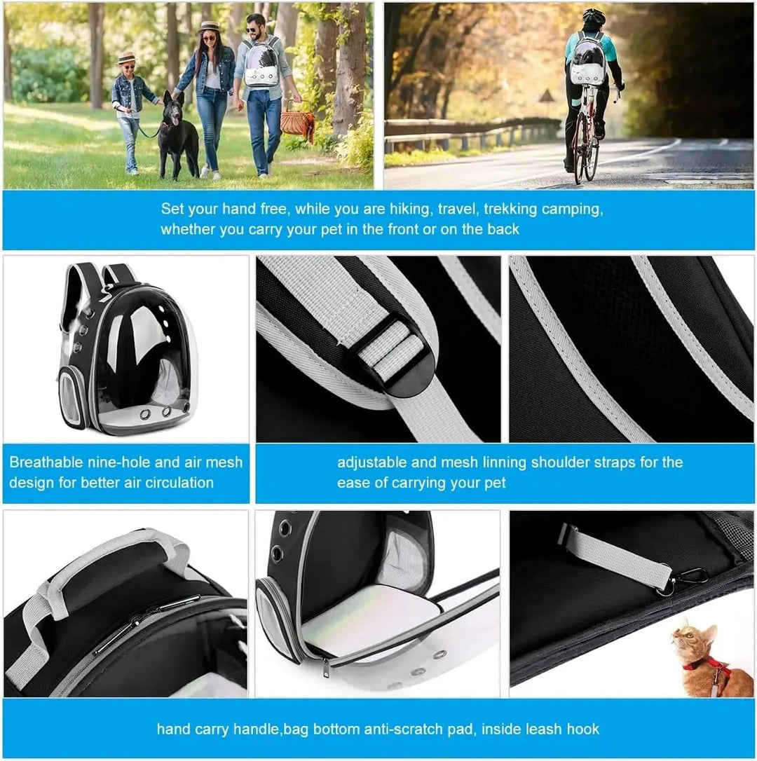 TravelPaw transparent pet backpack. Breathable, comfortable bubble carrier for stress-free cat & dog adventures.