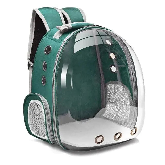 Pet's transparent bubble backpack, a TravelPaw carrier for stress-free cat & dog adventures.