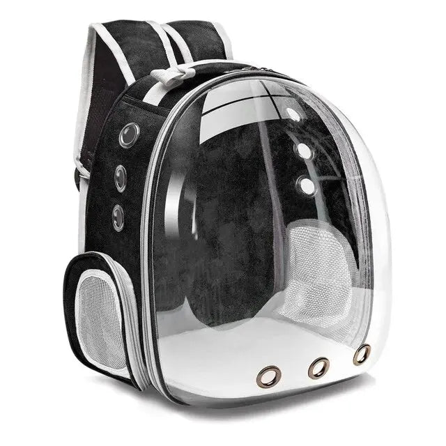 Durable transparent pet carrier backpack. Breathable design ensures comfort for cat & small dog travel.