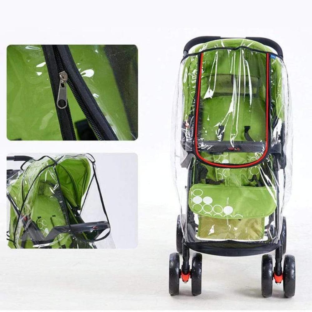 Transparent universal baby stroller rain cover for weather protection, waterproof, windproof, and dustproof.