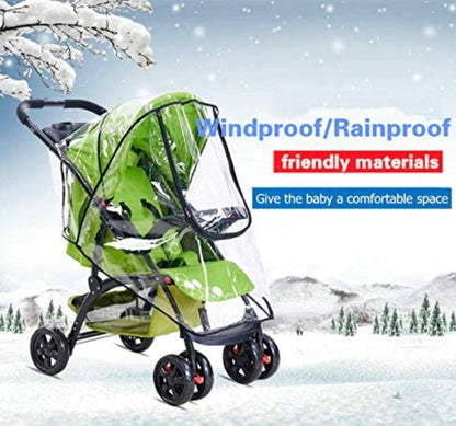 Durable transparent baby stroller rain cover providing complete weather protection for infants.