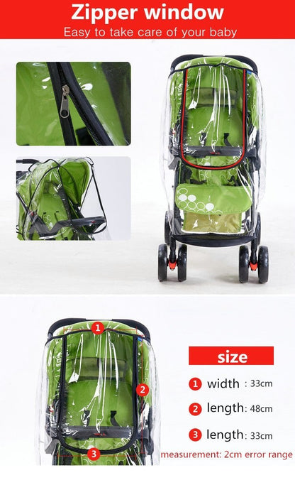 Waterproof transparent stroller cover protecting baby from rain, wind, and dust, universal fit.