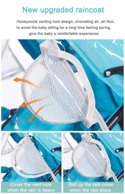 Practical baby gear: transparent universal stroller rain cover, ideal for all weather conditions.