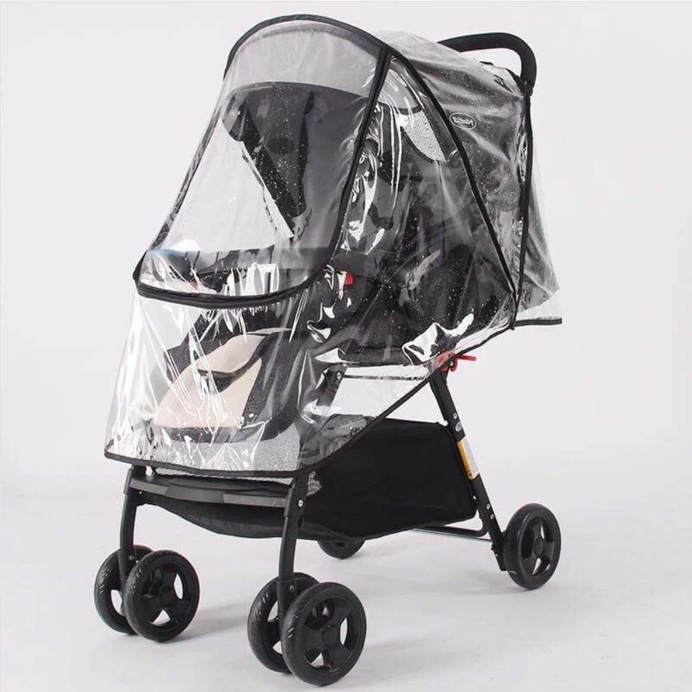 Weather-resistant transparent stroller cover with universal fit, keeps baby dry and safe during transport.