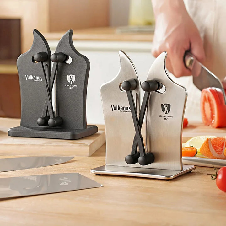 Triple-action precision kitchen knife sharpener. Features tungsten carbide for professional blade sharpening for home cooks.
