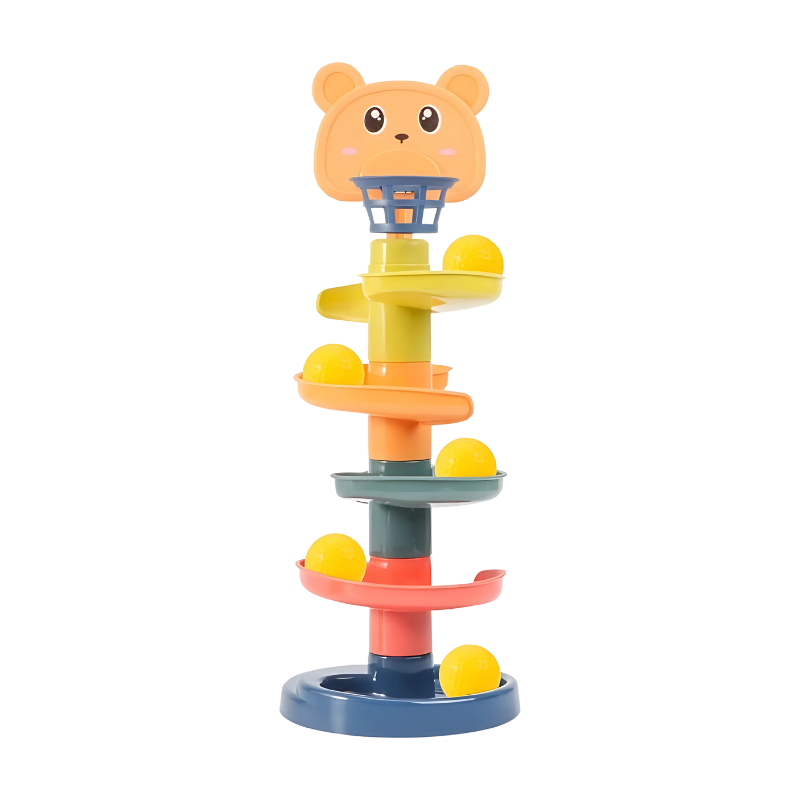 Toddler playing with TumbleBear Ball Drop Toy, promoting early learning & motor skills