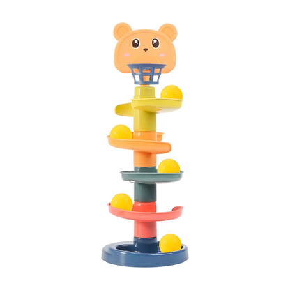 Toddler playing with TumbleBear Ball Drop Toy, promoting early learning & motor skills