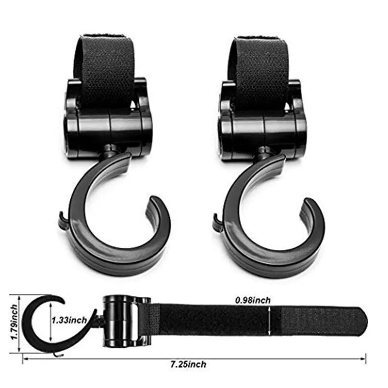 Set of two pram accessory hooks for convenient hands-free attachment of bags to baby transport.