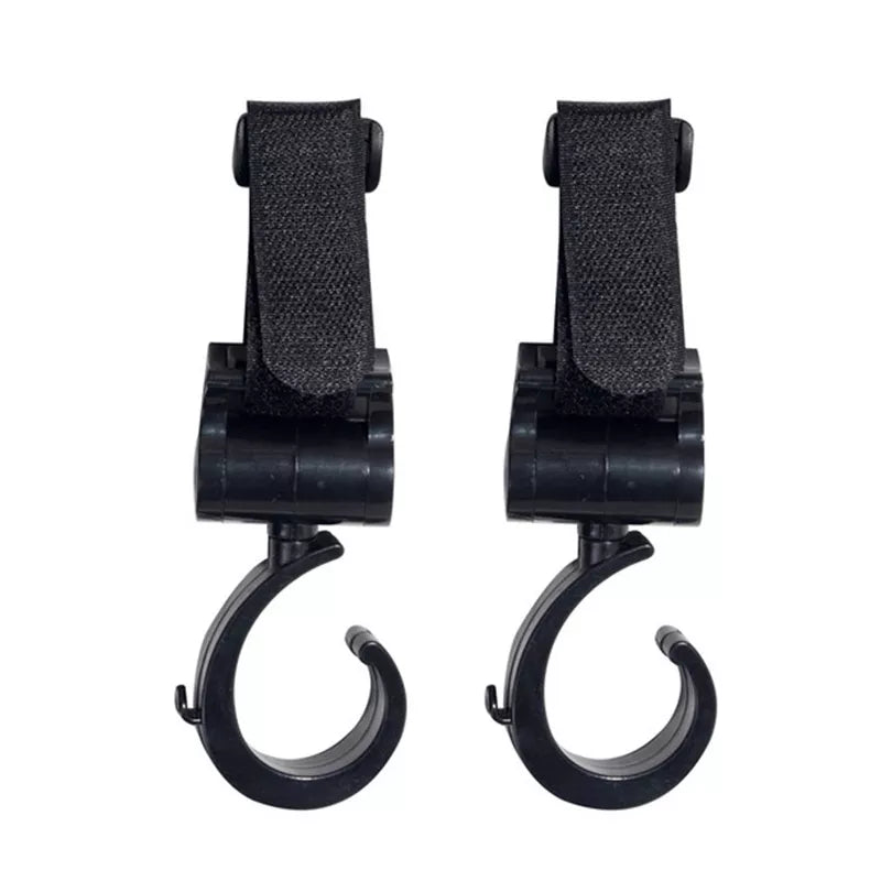 Black hands-free stroller hooks, ideal for organizing and carrying essentials on any universal stroller.