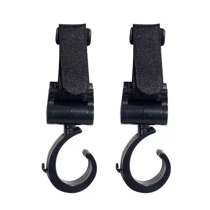 Black hands-free stroller hooks, ideal for organizing and carrying essentials on any universal stroller.