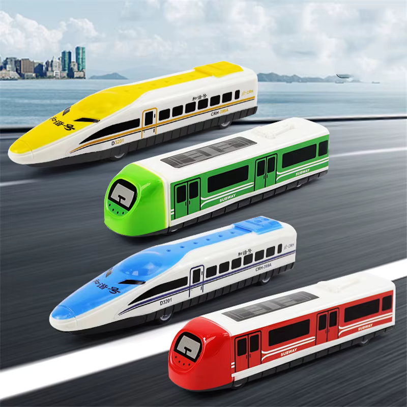 Two colorful pull-back toy trains, a red locomotive and a blue passenger car, for kids aged 3+, promoting motor skills