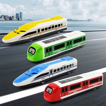 Two colorful pull-back toy trains, a red locomotive and a blue passenger car, for kids aged 3+, promoting motor skills